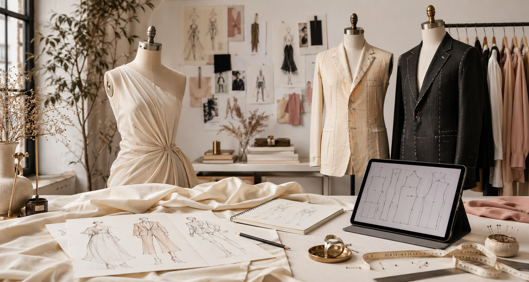 Apparel pattern maker atelier in Los Angeles — womenswear and menswear mannequins with fashion sketches, fabric, and digital pattern tablet on worktable